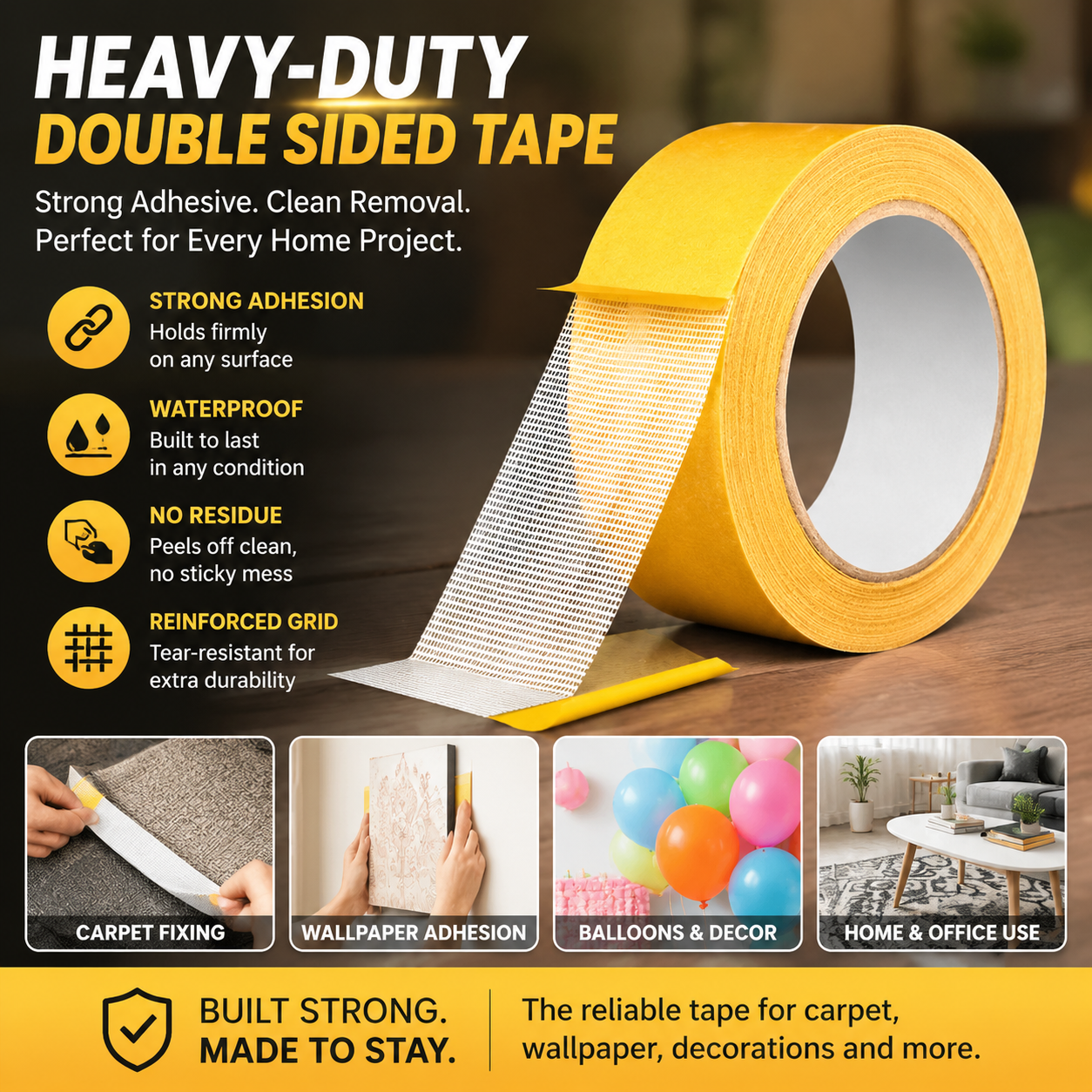 Extra 30% off on sale items | PKNEW® Heavy-Duty Double Sided Tape, StrongAdhesive, Waterproof & Removable, No Residue, Idealfor Carpet, Wallpaper, Balloons & Home Use🧻