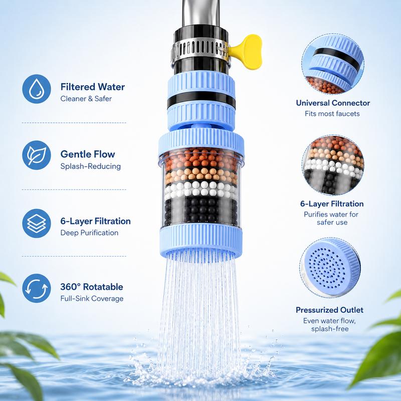PKNEW® 6 Layer Filtration Faucet Water Filter 360 Degrees Rotatable Splash Free, for Kitchen Sink Washing Fruits Vegetables and Dishes🚿