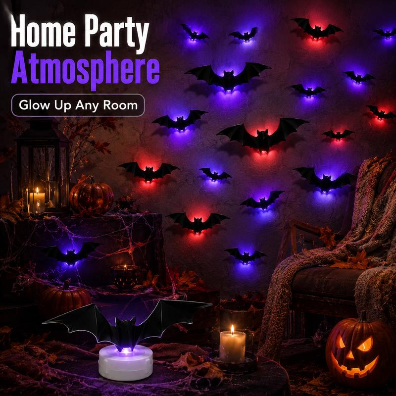 PKNEW® 🎃3D Bat Light LED Decorations, Halloween Spooky Ornaments, Bendable Wall Stickers with Smooth Bubble-Free Application, Easy Install Battery Powered Glowing Decor, Non-Remote Indoor Decor for Home, Party, Window, Door, Festival🦇