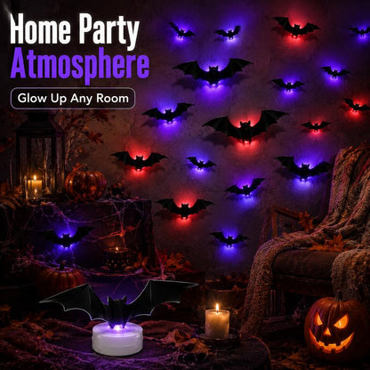 PKNEW® 🎃3D Bat Light LED Decorations, Halloween Spooky Ornaments, Bendable Wall Stickers with Smooth Bubble-Free Application, Easy Install Battery Powered Glowing Decor, Non-Remote Indoor Decor for Home, Party, Window, Door, Festival🦇