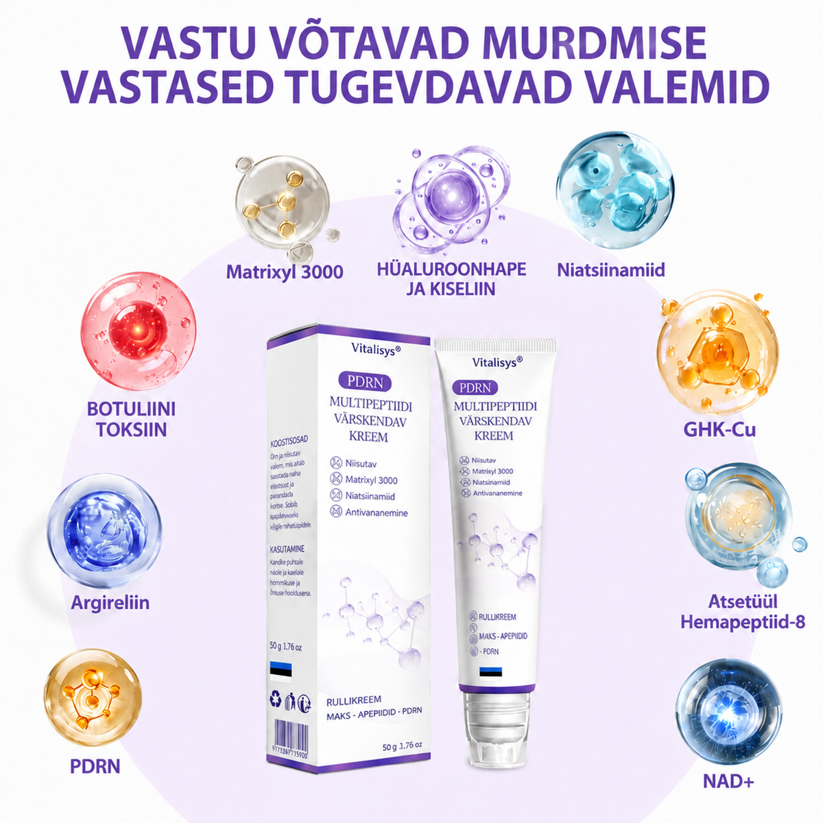 Vitalisys®🔥 PDRN-i ja mitme peptiidiga massaaži-kehakreem aplikaatorrullikuga – vananemisvastane toime; niisutab, pinguldab ja tõstab nahka; soodustab taastumist; ühtlustab nahatooni ning vähendab ebatäiusi ja tumedaid laike.