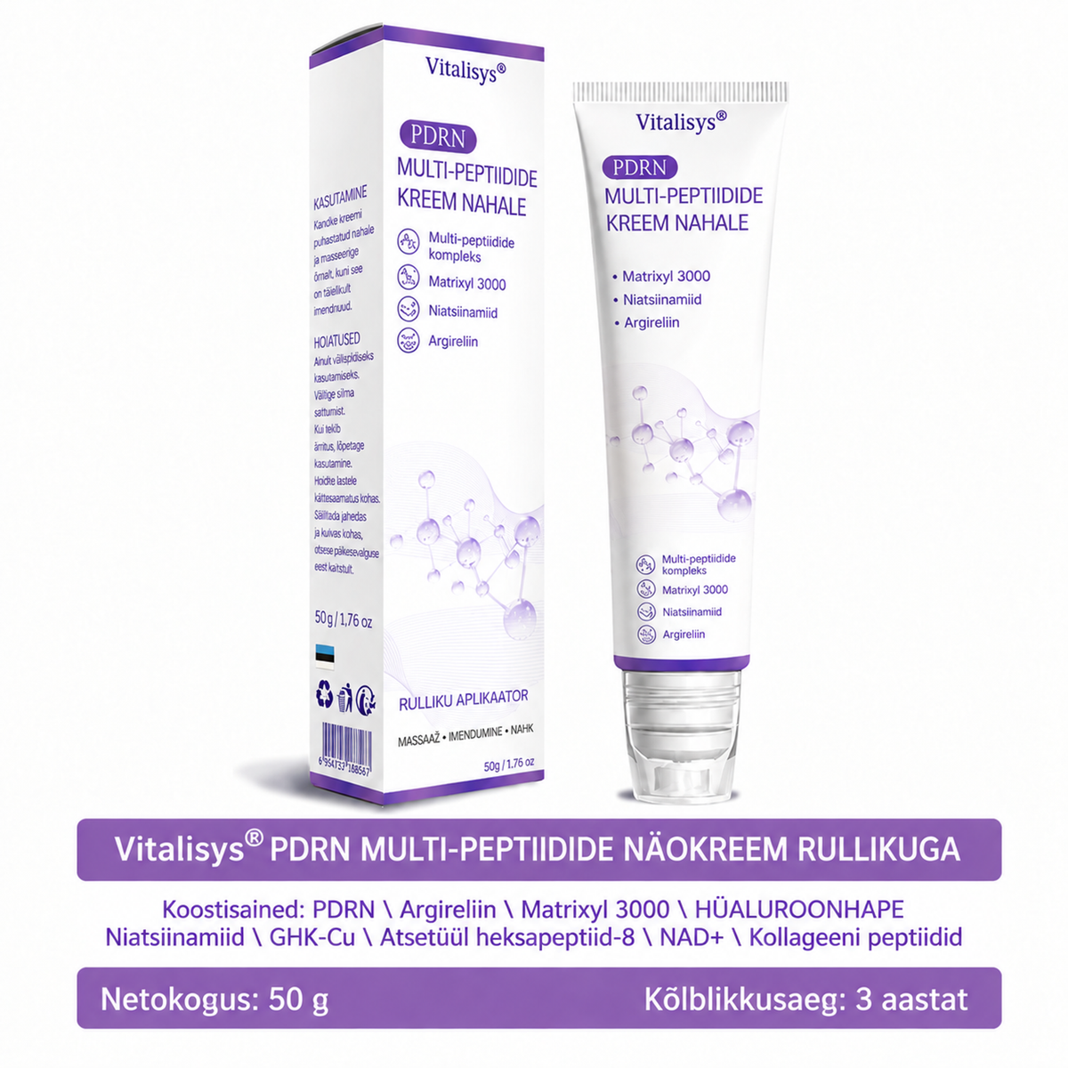Vitalisys®🔥 PDRN-i ja mitme peptiidiga massaaži-kehakreem aplikaatorrullikuga – vananemisvastane toime; niisutab, pinguldab ja tõstab nahka; soodustab taastumist; ühtlustab nahatooni ning vähendab ebatäiusi ja tumedaid laike.