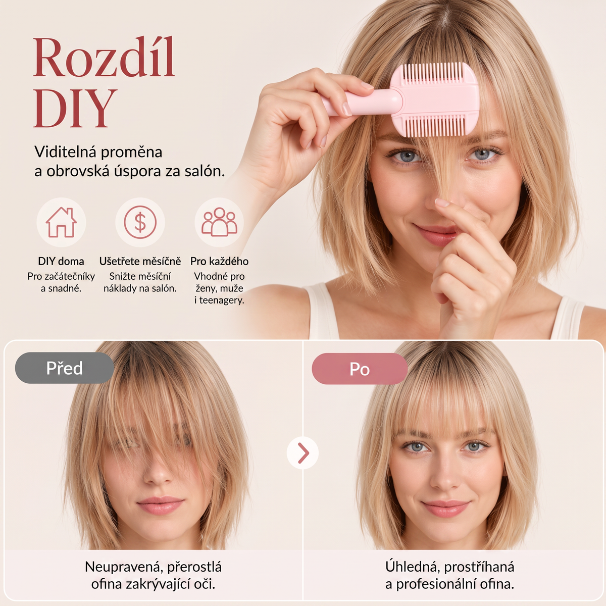🔥🔥Vyhněte se kadeřnickým úpravám✂️ 4stupňový hřeben pro zastřihování a ředění vlasů – snadná ofina, tvarování a úprava vlasů doma 👸