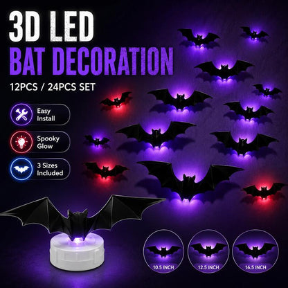 PKNEW® 🎃3D Bat Light LED Decorations, Halloween Spooky Ornaments, Bendable Wall Stickers with Smooth Bubble-Free Application, Easy Install Battery Powered Glowing Decor, Non-Remote Indoor Decor for Home, Party, Window, Door, Festival🦇