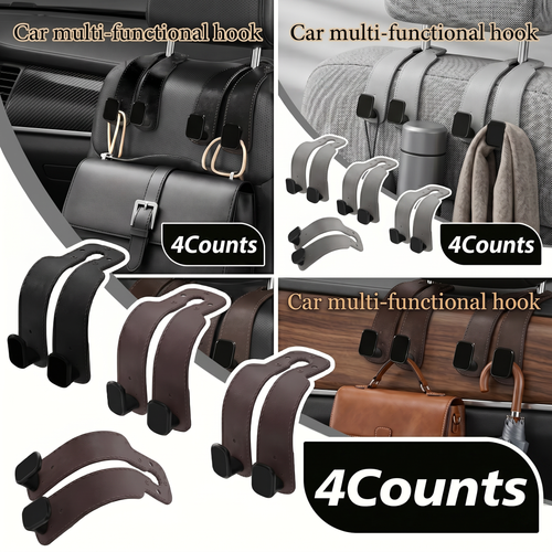 🥇4 Counts Car Seat Headrest Hook, Improved Car Seat Back Double Hooks for Kids' Toys Hats Masks Sunglasses, Soft Gentle Faux Leather
