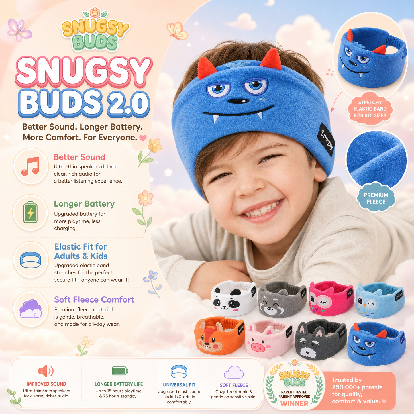 𝑩𝑳𝑼𝑬𝙎𝙃𝑶𝑻® 🧑‍👩‍🧒 Soft Bluetooth Sleep Headband For Kids, Toddlers & Adults Long Flights. Quiet Kids. Stress-Free Travel.