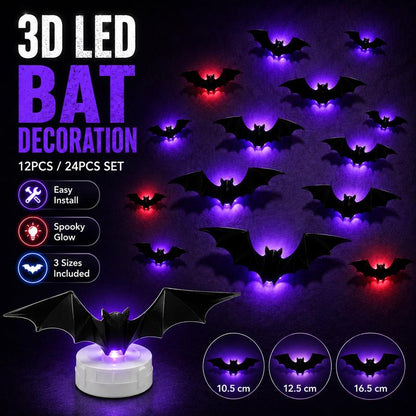 PKNEW® 🎃3D Bat Light LED Decorations, Halloween Spooky Ornaments, Bendable Wall Stickers with Smooth Bubble-Free Application, Easy Install Battery Powered Glowing Decor, Non-Remote Indoor Decor for Home, Party, Window, Door, Festival🦇