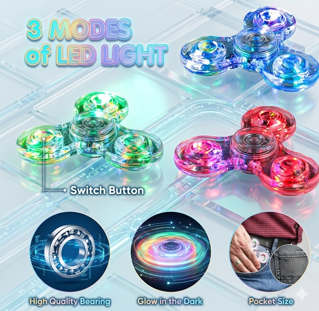 Glow in the Dark Fidget Spinner Toys - LED Light Up Party Favors & ADHD Sensory Toy for Kids