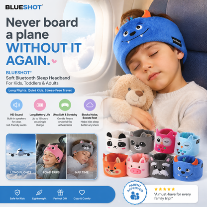 𝑩𝑳𝑼𝑬𝙎𝙃𝑶𝑻® 🧑‍👩‍🧒 Soft Bluetooth Sleep Headband For Kids, Toddlers & Adults Long Flights. Quiet Kids. Stress-Free Travel.