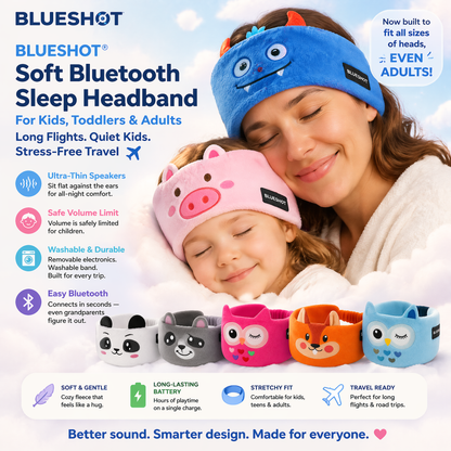 𝑩𝑳𝑼𝑬𝙎𝙃𝑶𝑻® 🧑‍👩‍🧒 Soft Bluetooth Sleep Headband For Kids, Toddlers & Adults Long Flights. Quiet Kids. Stress-Free Travel.