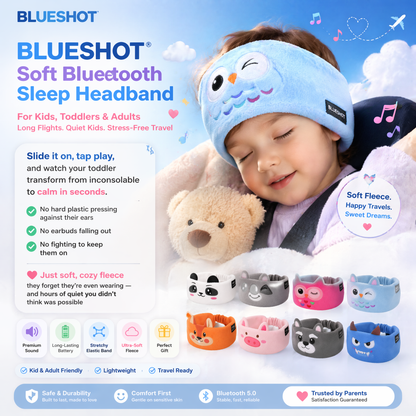 𝑩𝑳𝑼𝑬𝙎𝙃𝑶𝑻® 🧑‍👩‍🧒 Soft Bluetooth Sleep Headband For Kids, Toddlers & Adults Long Flights. Quiet Kids. Stress-Free Travel.