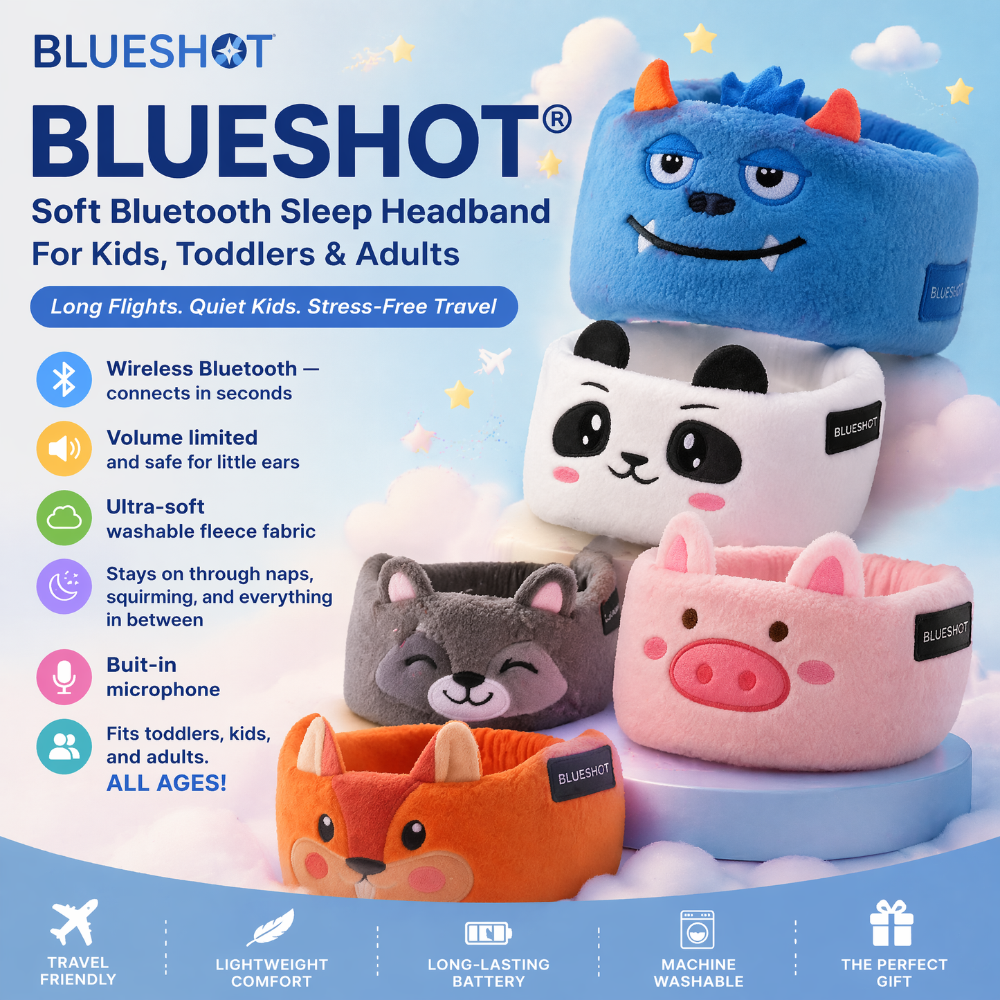 𝑩𝑳𝑼𝑬𝙎𝙃𝑶𝑻® 🧑‍👩‍🧒 Soft Bluetooth Sleep Headband For Kids, Toddlers & Adults Long Flights. Quiet Kids. Stress-Free Travel.