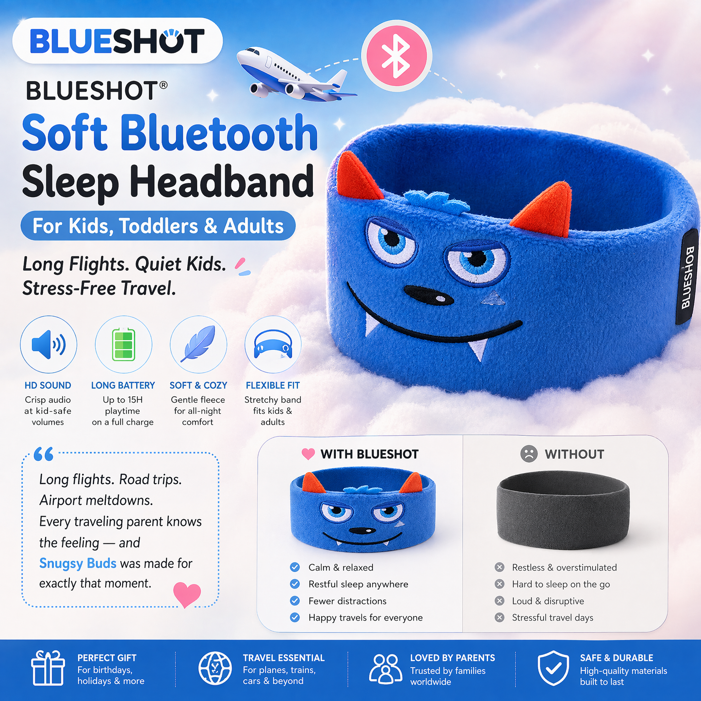 𝑩𝑳𝑼𝑬𝙎𝙃𝑶𝑻® 🧑‍👩‍🧒 Soft Bluetooth Sleep Headband For Kids, Toddlers & Adults Long Flights. Quiet Kids. Stress-Free Travel.