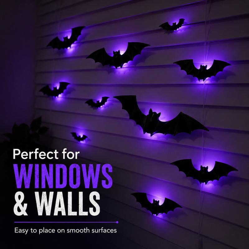 PKNEW® 🎃3D Bat Light LED Decorations, Halloween Spooky Ornaments, Bendable Wall Stickers with Smooth Bubble-Free Application, Easy Install Battery Powered Glowing Decor, Non-Remote Indoor Decor for Home, Party, Window, Door, Festival🦇