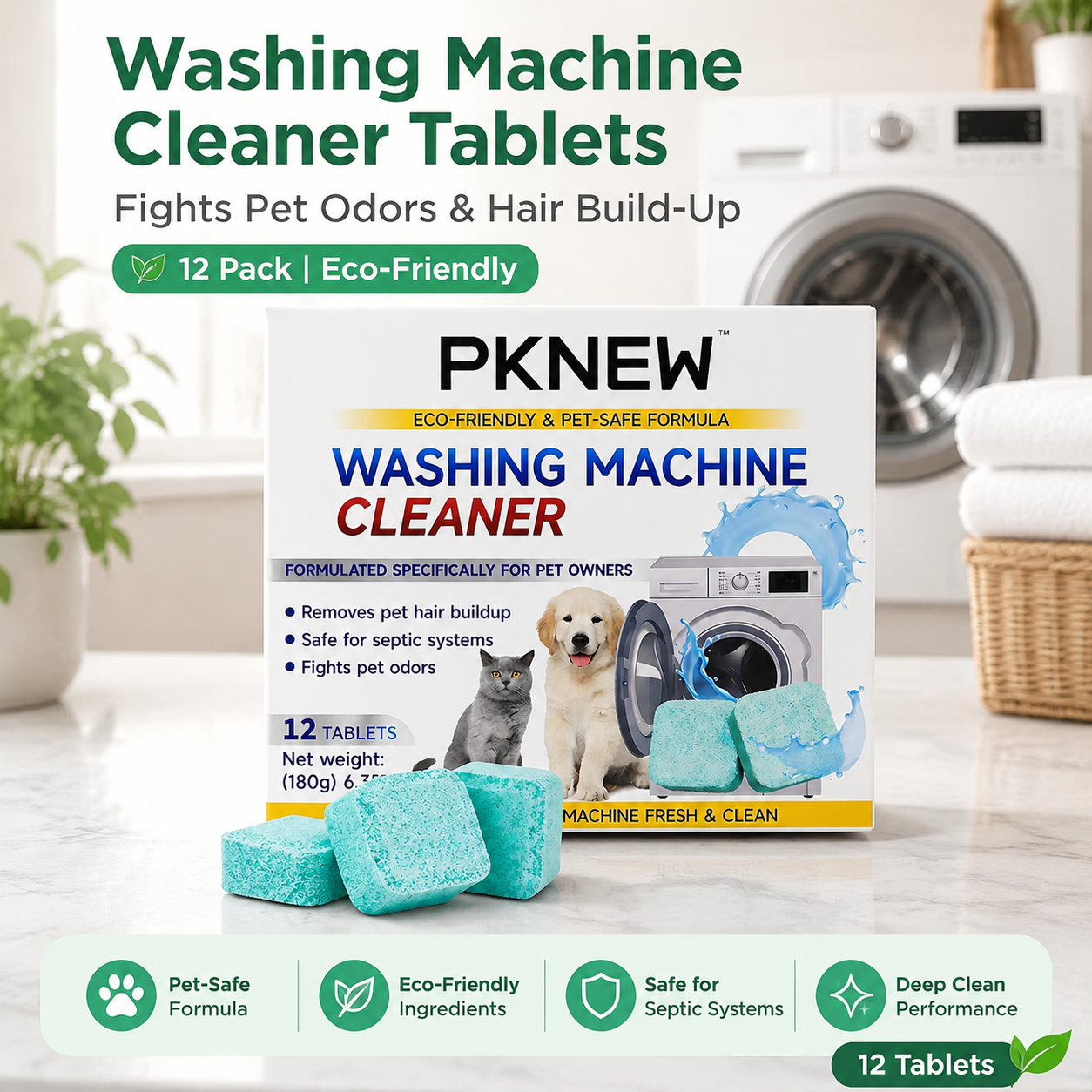 Extra 30% off on sale items | PKNEW® Washing Machine Cleaner Tablets 12 Pack, Pet Safe, Eco-Friendly, Deep Clean & Odor Removal, Keeps Washer Fresh