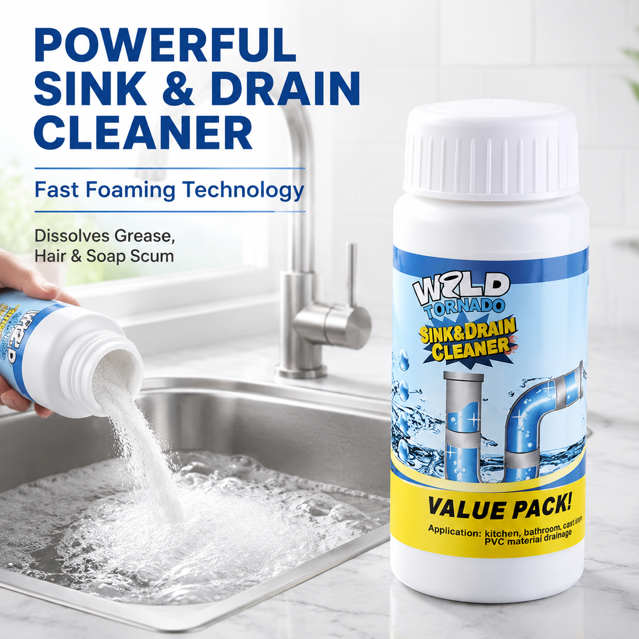 PKNEW® Powerful Sink and Drain Cleaner Powder, Fast Foaming Drain Cleaner for Kitchen and Pipes Cleaning Tool