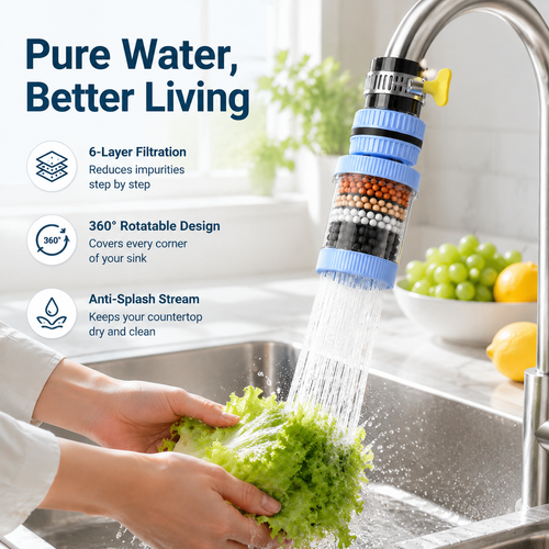 PKNEW® 6 Layer Filtration Faucet Water Filter 360 Degrees Rotatable Splash Free, for Kitchen Sink Washing Fruits Vegetables and Dishes🚿