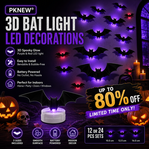 PKNEW® 🎃3D Bat Light LED Decorations, Halloween Spooky Ornaments, Bendable Wall Stickers with Smooth Bubble-Free Application, Easy Install Battery Powered Glowing Decor, Non-Remote Indoor Decor for Home, Party, Window, Door, Festival🦇
