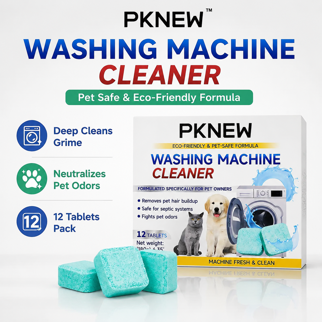 Extra 30% off on sale items | PKNEW® Washing Machine Cleaner Tablets 12 Pack, Pet Safe, Eco-Friendly, Deep Clean & Odor Removal, Keeps Washer Fresh
