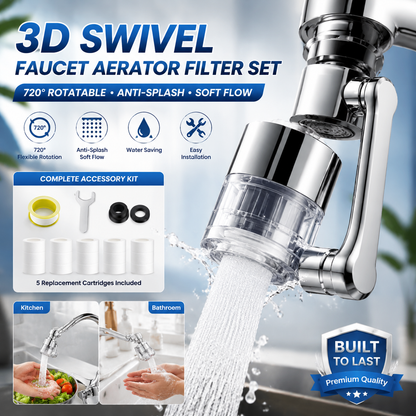 PKNEW® 3D Swivel Faucet Aerator Filter Set-720-Degree Rotatable, Anti-Splash Soft Flow, Clear Visible Shell, 5 Replacement Cartridges, Universal Adapter for Kitchen, Bathroom Sinks