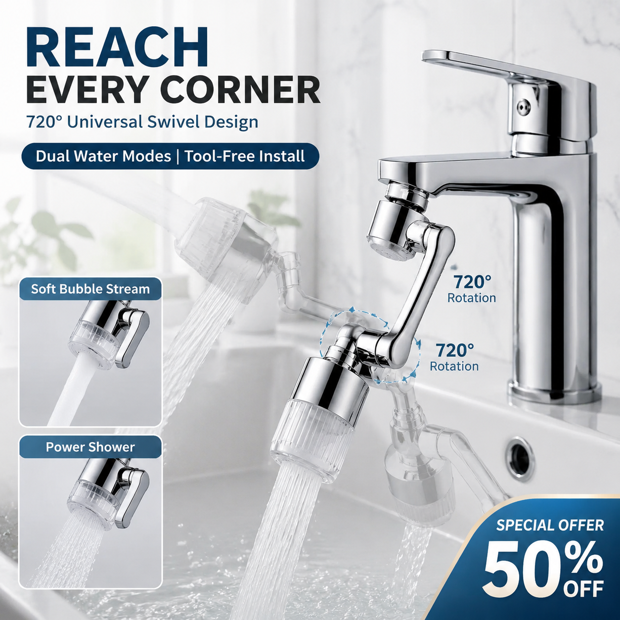 PKNEW® 3D Swivel Faucet Aerator Filter Set-720-Degree Rotatable, Anti-Splash Soft Flow, Clear Visible Shell, 5 Replacement Cartridges, Universal Adapter for Kitchen, Bathroom Sinks