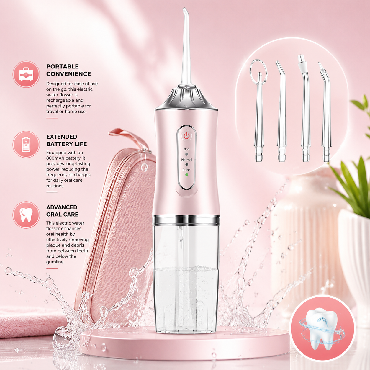 PKNEW® Electric Water Flosser, Portable RechargeableOral Irrigator with 4pcs Multifunctional Nozzlefor Home & Travel, Personal Oral CareAppliance, Oral Hygiene Kit, Dental WaterFlosser🦷