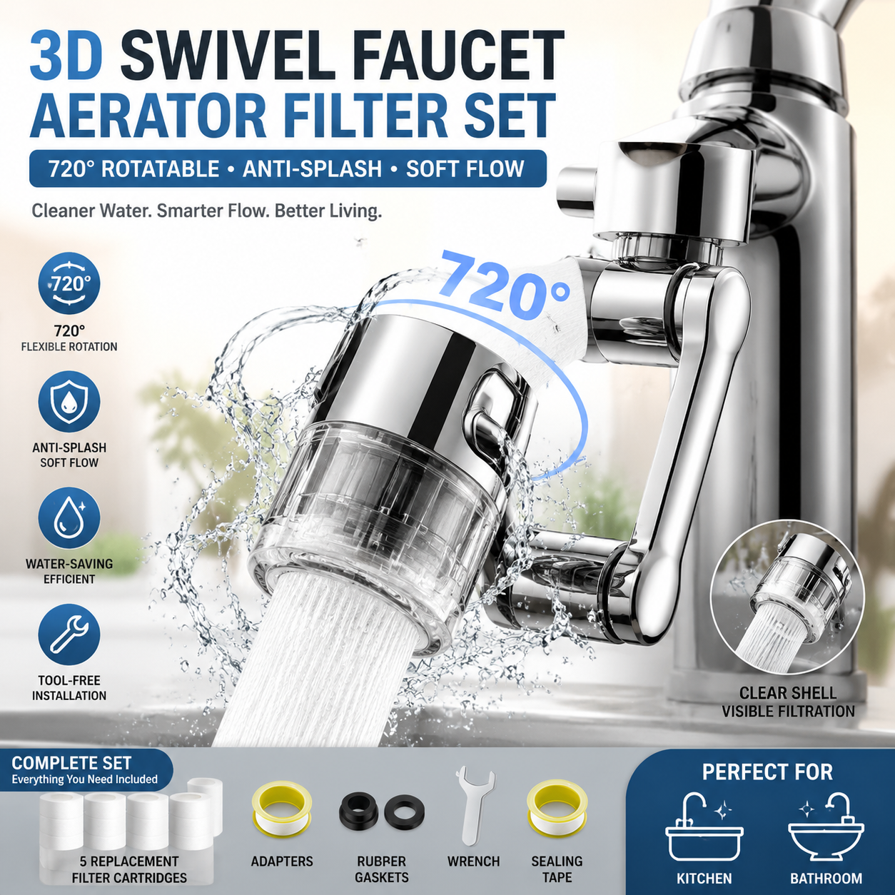 PKNEW® 3D Swivel Faucet Aerator Filter Set-720-Degree Rotatable, Anti-Splash Soft Flow, Clear Visible Shell, 5 Replacement Cartridges, Universal Adapter for Kitchen, Bathroom Sinks