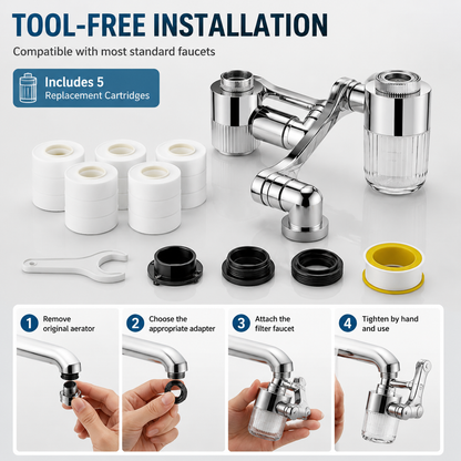 PKNEW® 3D Swivel Faucet Aerator Filter Set-720-Degree Rotatable, Anti-Splash Soft Flow, Clear Visible Shell, 5 Replacement Cartridges, Universal Adapter for Kitchen, Bathroom Sinks