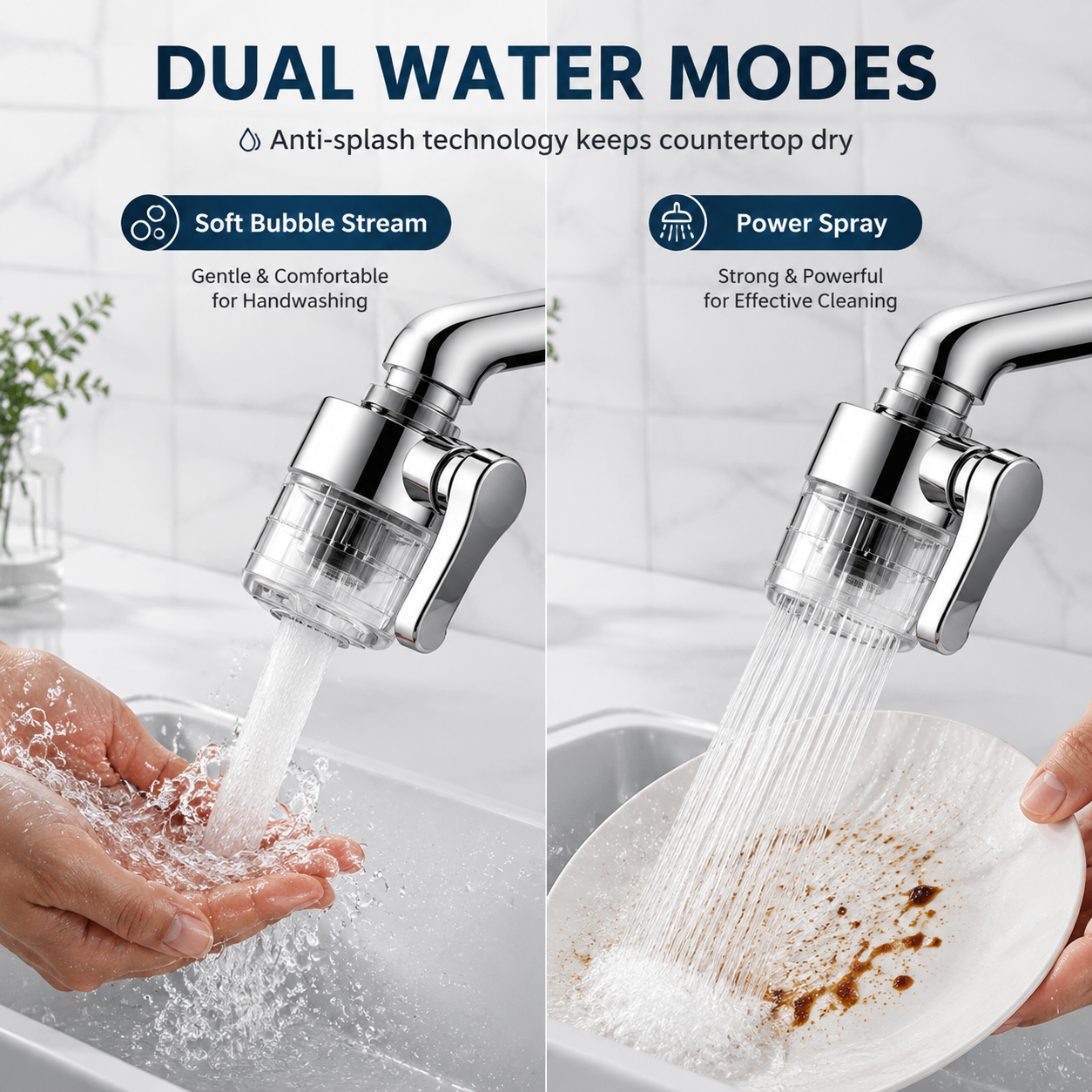 PKNEW® 3D Swivel Faucet Aerator Filter Set-720-Degree Rotatable, Anti-Splash Soft Flow, Clear Visible Shell, 5 Replacement Cartridges, Universal Adapter for Kitchen, Bathroom Sinks