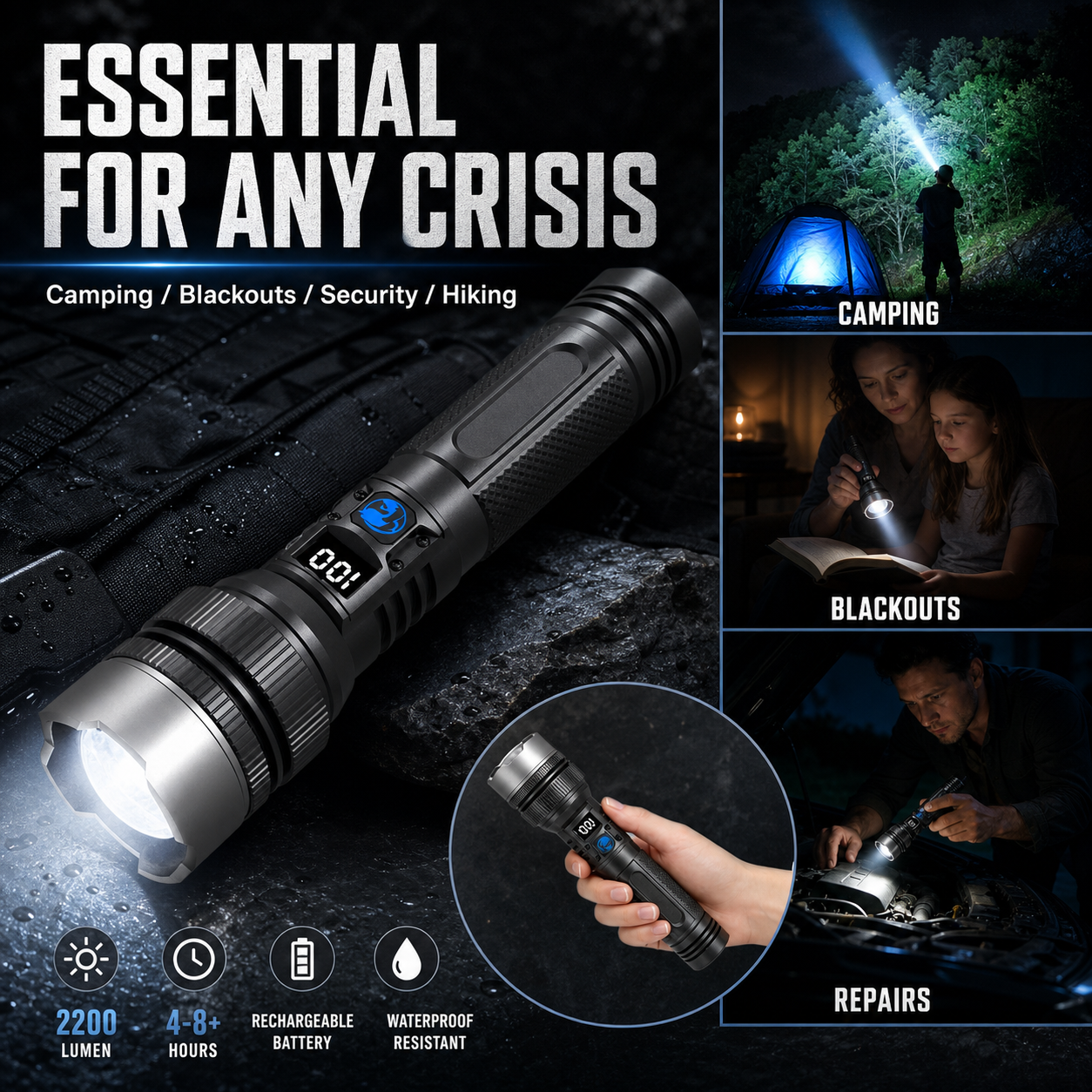 PKNEW® 2-in-1 Strong Flashlight (Power Bank) X4Waterproof,Adjustable Brightness Flash Light for Outdoor, Emergency,Camping Accessories