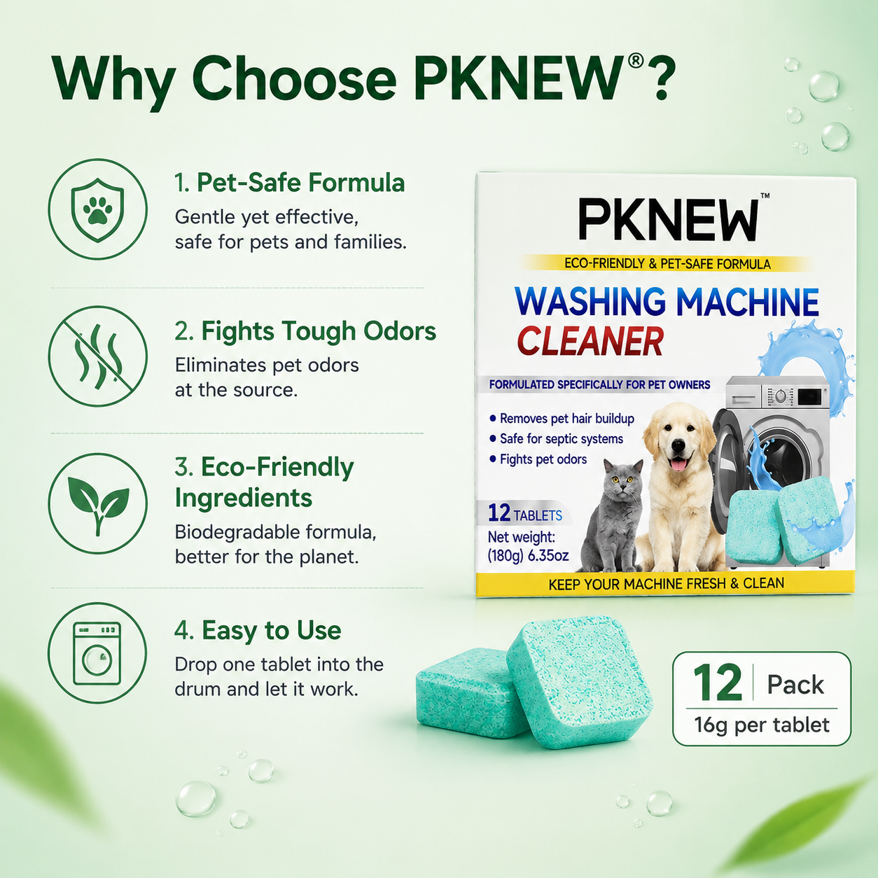 Extra 30% off on sale items | PKNEW® Washing Machine Cleaner Tablets 12 Pack, Pet Safe, Eco-Friendly, Deep Clean & Odor Removal, Keeps Washer Fresh