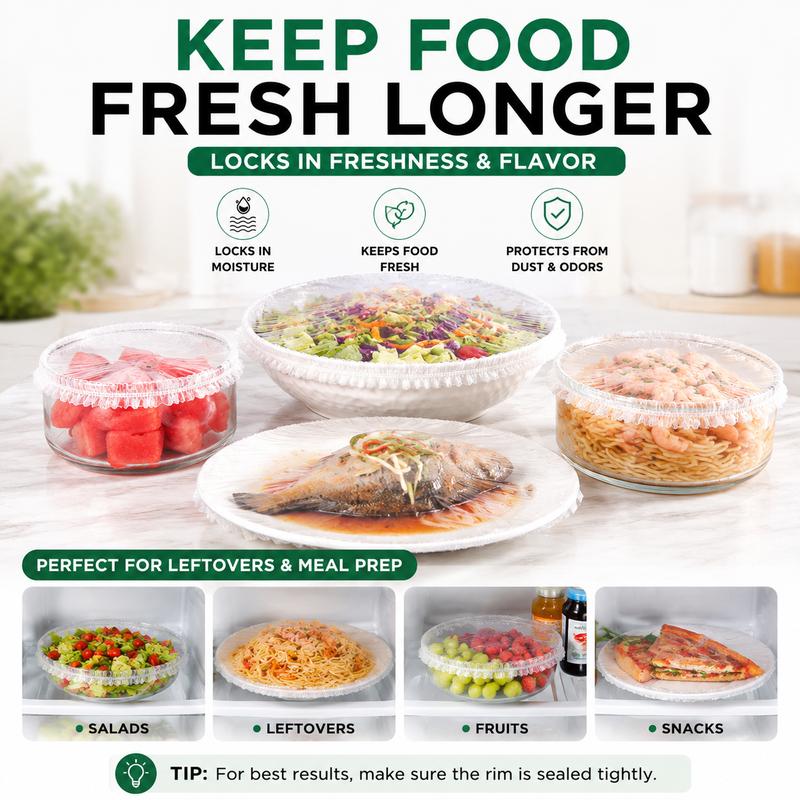 PKNEW® Disposable Stretch Food Covers for Bowls & Plates, Elastic Bowl Covers, Plastic Wrap Alternative for Leftovers, Fruits, Vegetables & Kitchen Food Storage🥗