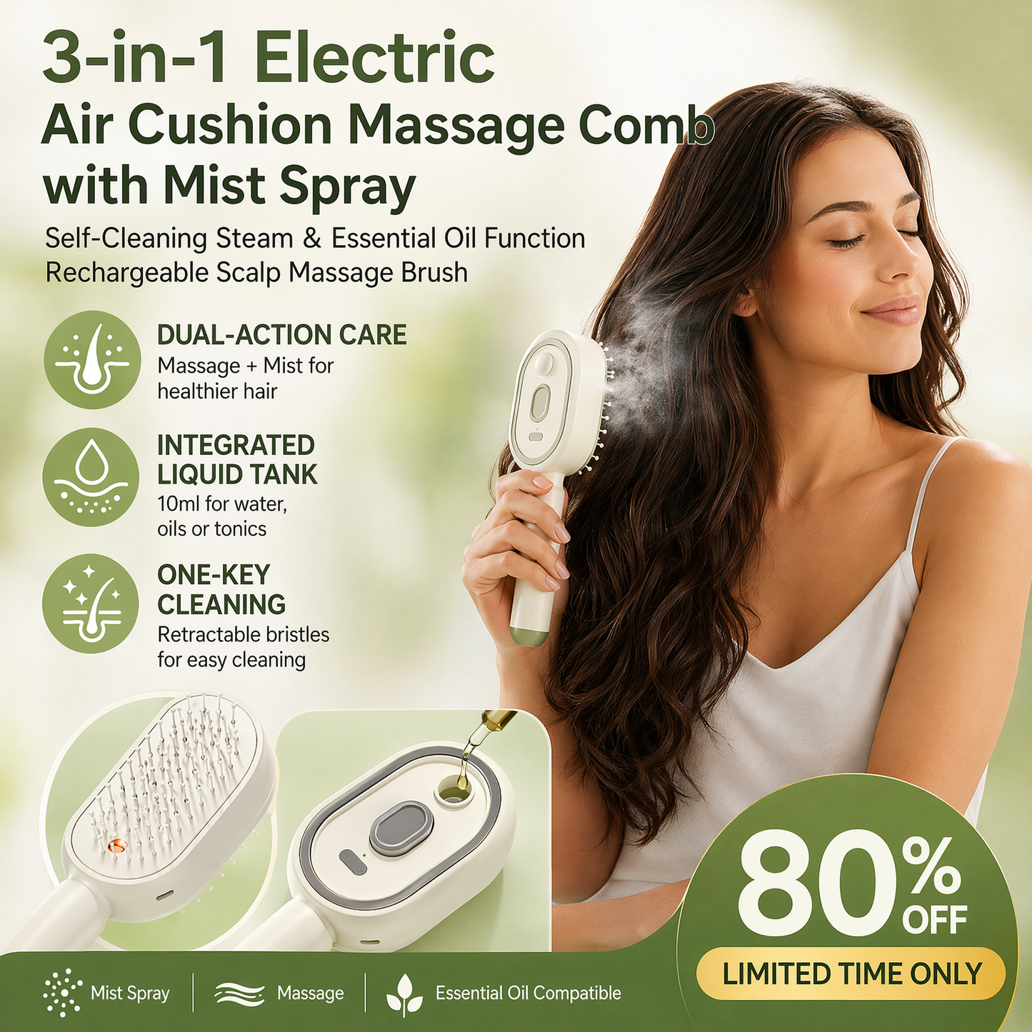 Devareon® 3-in-1 Electric Air Cushion Massage Comb with Mist Spray, Self-Cleaning Steam and Essential Oil Function, Rechargeable Scalp Massage Brush✨