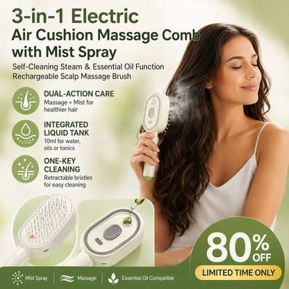 Devareon® 3-in-1 Electric Air Cushion Massage Comb with Mist Spray, Self-Cleaning Steam and Essential Oil Function, Rechargeable Scalp Massage Brush✨
