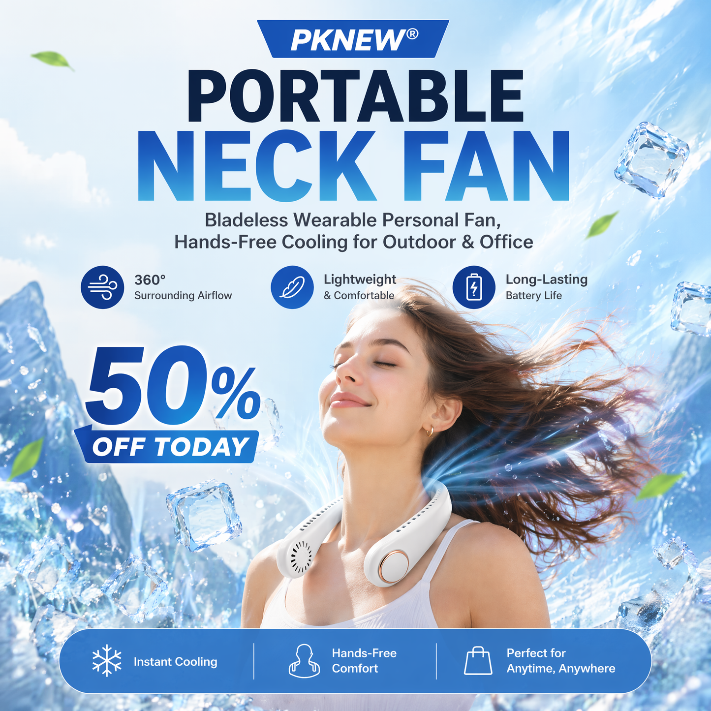 Extra 30% off on sale items | PKNEW® Portable Neck Fan, Bladeless Wearable Personal Fan, Hands-Free Cooling for Outdoor & Office